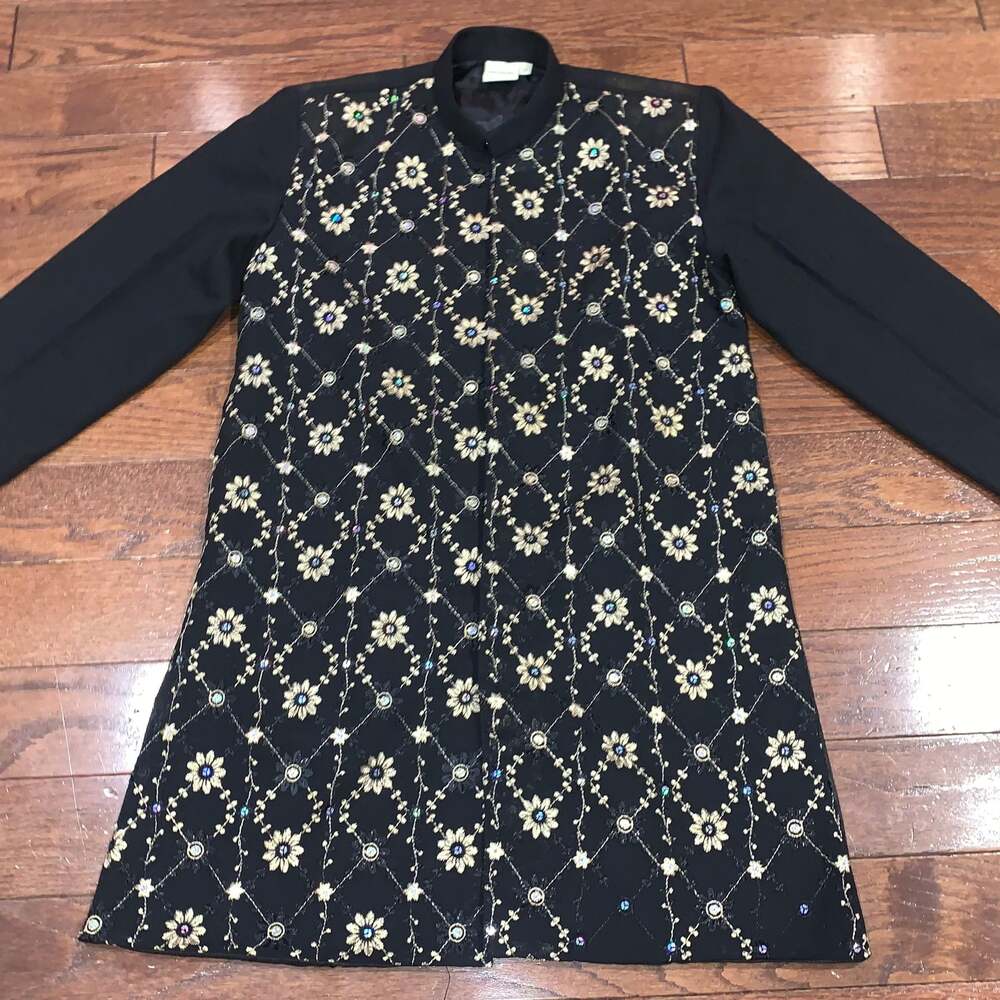 Darshan Men’s Black Embroidered Ethnic Jacket Sz 9 Long Coat Style Indo-Western
